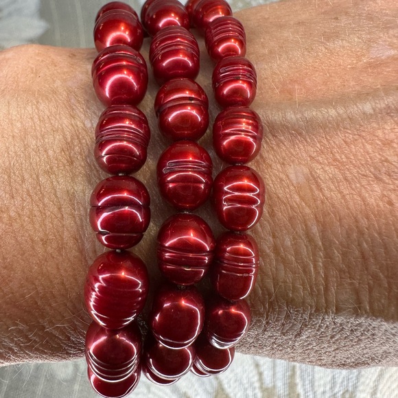 Honora cultured pearl set of 3 bracelets in red - Picture 2 of 4